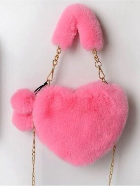 Pink Faux Fur Heart Shoulder Bag